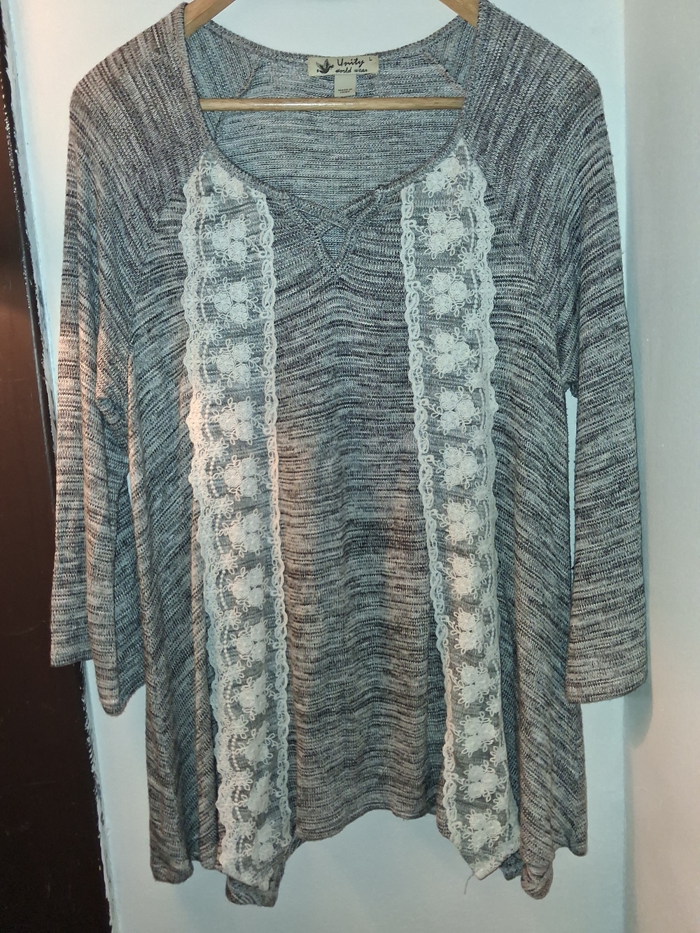 Unity World Wear Woven Gray Knit Top with Lace Trim